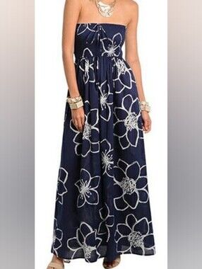 Strapless 100% Cotton Navy Blue Floral Maxi Dress - Medium
